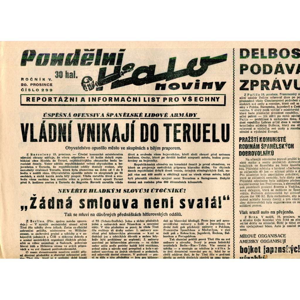 Pondělní Halo noviny, ročník V., číslo 299/1937. Reportážní a informační list pro všechny