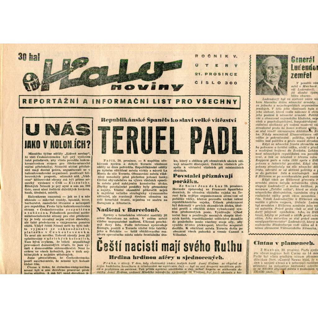 Halo noviny, ročník V., číslo 300/1937. Reportážní a informační list pro všechny