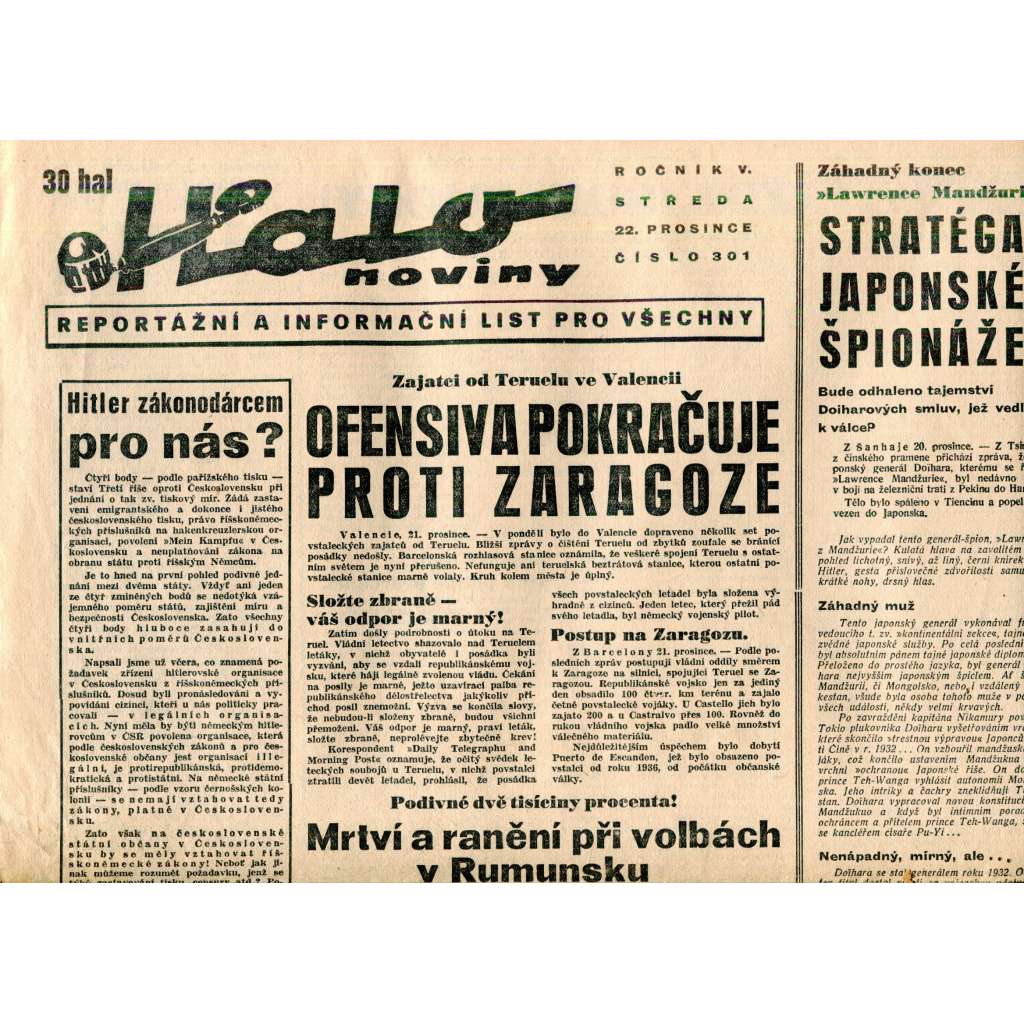Halo noviny, ročník V., číslo 301/1937. Reportážní a informační list pro všechny