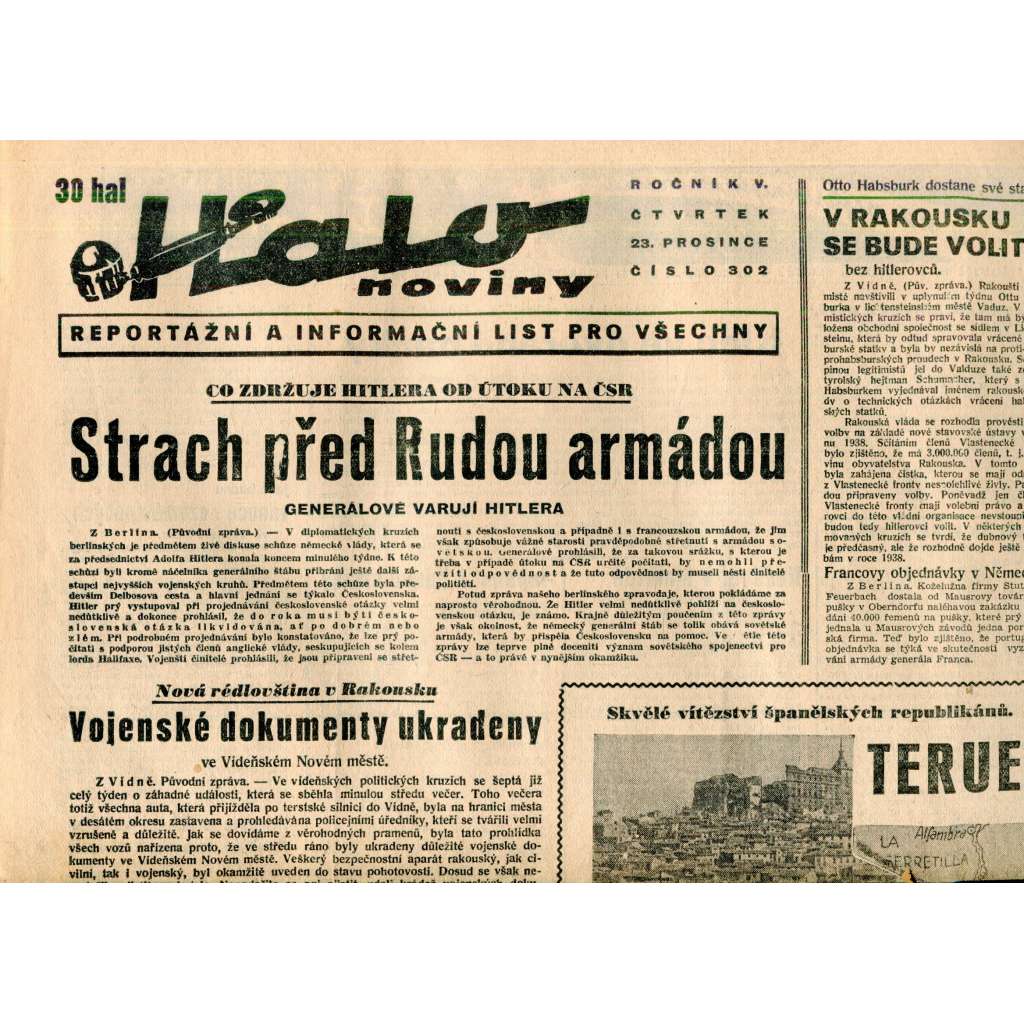Halo noviny, ročník V., číslo 302/1937. Reportážní a informační list pro všechny