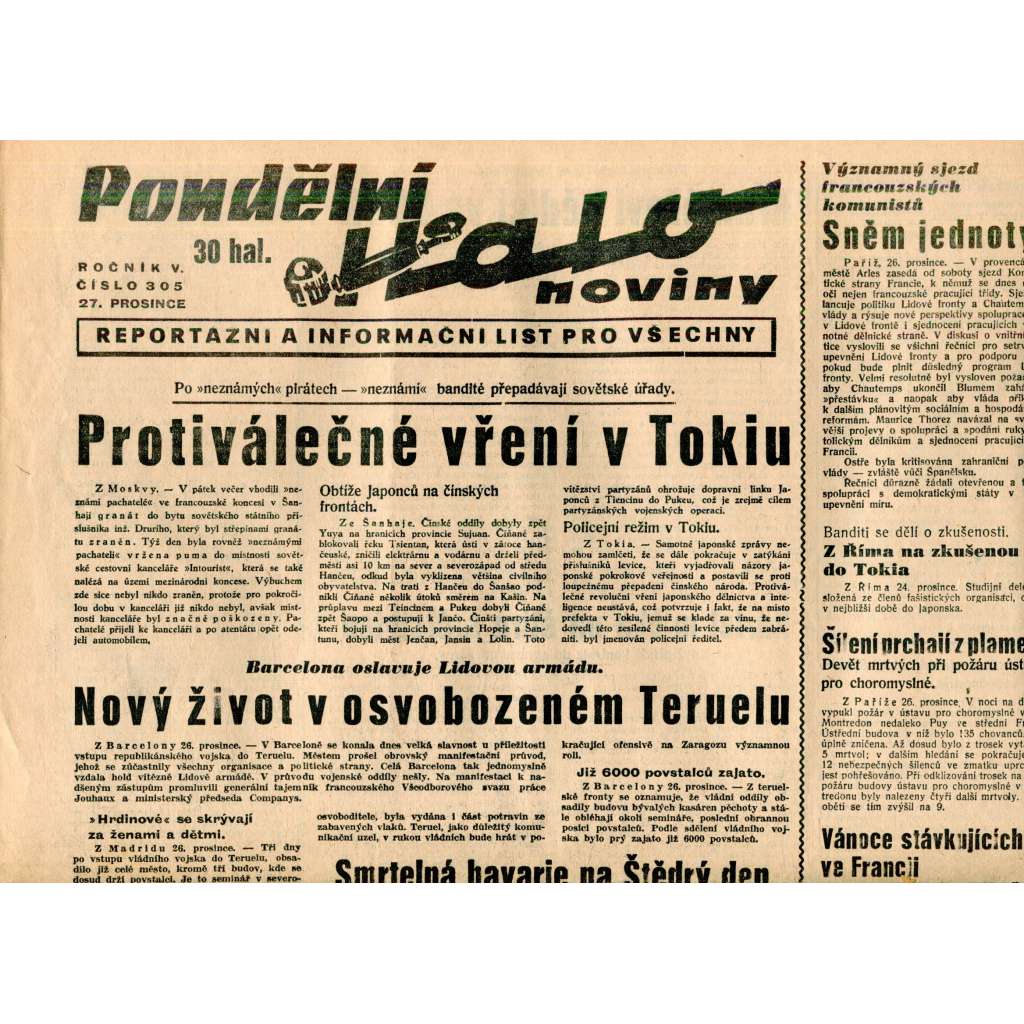 Pondělní Halo noviny, ročník V., číslo 305/1937. Reportážní a informační list pro všechny
