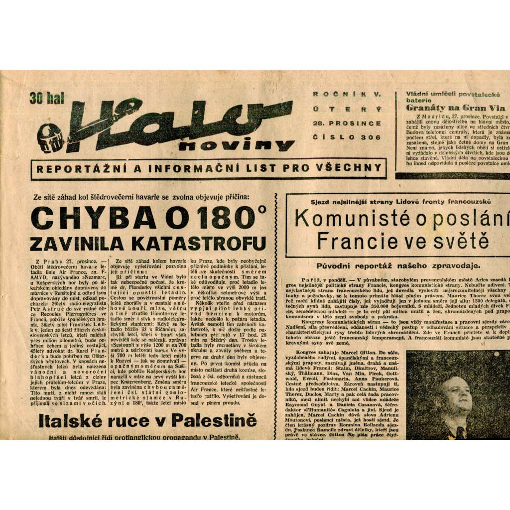 Halo noviny, ročník V., číslo 306/1937. Reportážní a informační list pro všechny