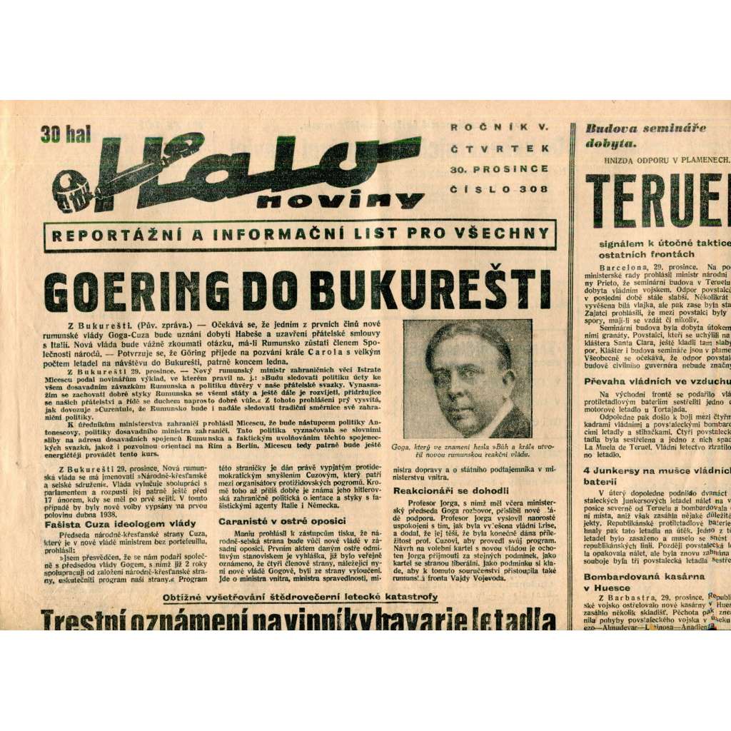 Halo noviny, ročník V., číslo 308/1937. Reportážní a informační list pro všechny