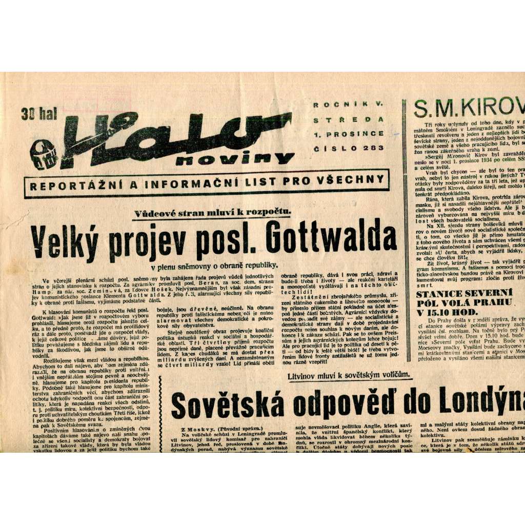 Halo noviny, ročník V., číslo 283/1937. Reportážní a informační list pro všechny