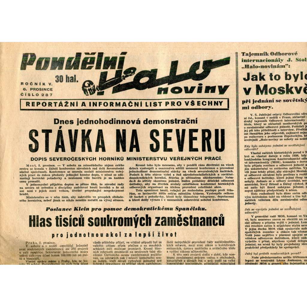 Pondělní Halo noviny, ročník V., číslo 287/1937. Reportážní a informační list pro všechny