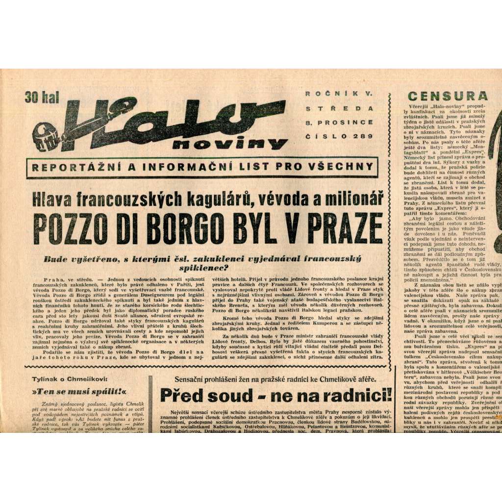 Halo noviny, ročník V., číslo 289/1937. Reportážní a informační list pro všechny