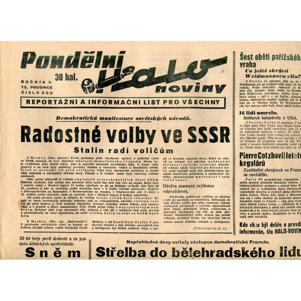 Pondělní Halo noviny, ročník V., číslo 293/1937. Reportážní a informační list pro všechny