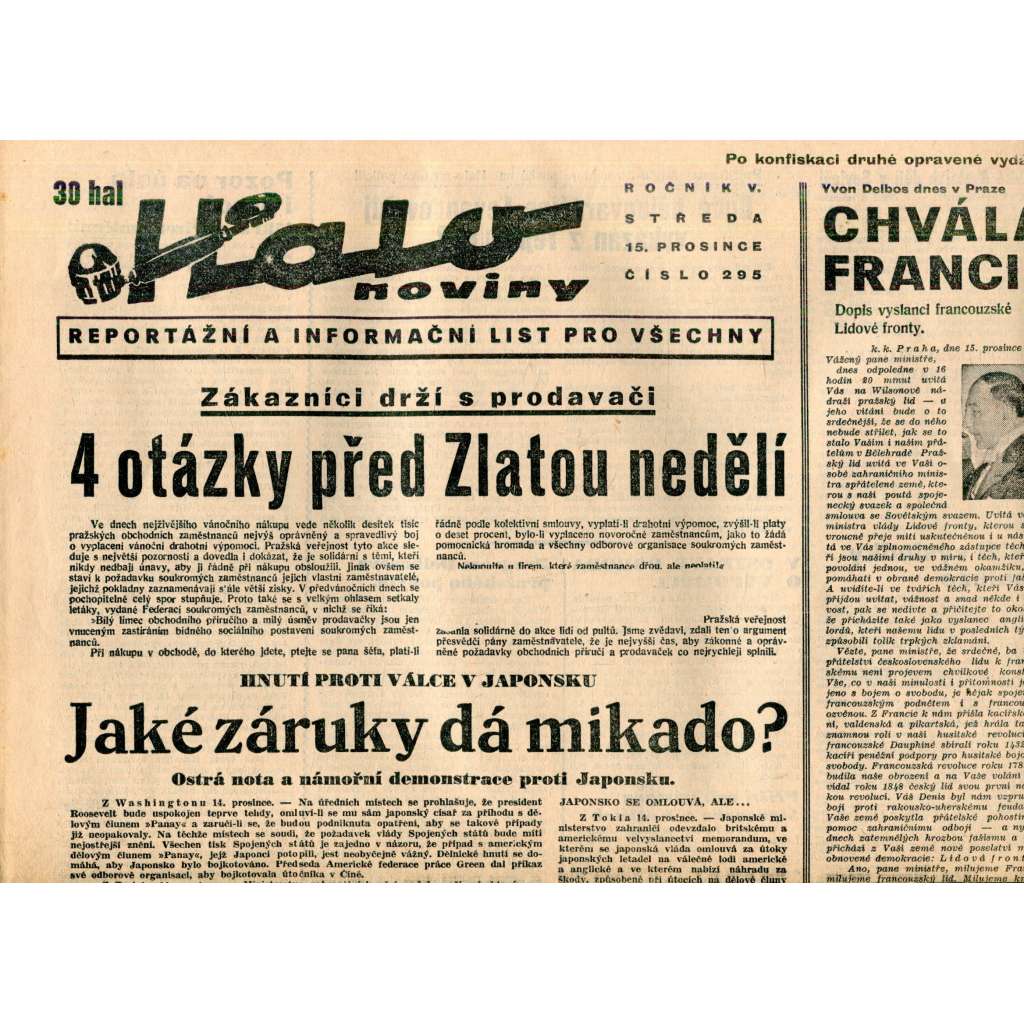 Halo noviny, ročník V., číslo 295/1937. Reportážní a informační list pro všechny