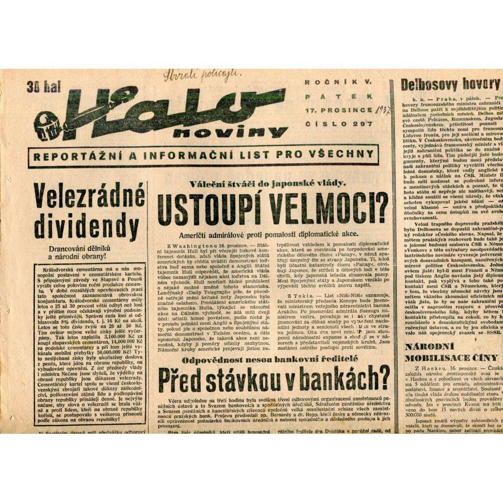 Halo noviny, ročník V., číslo 297/1937. Reportážní a informační list pro všechny