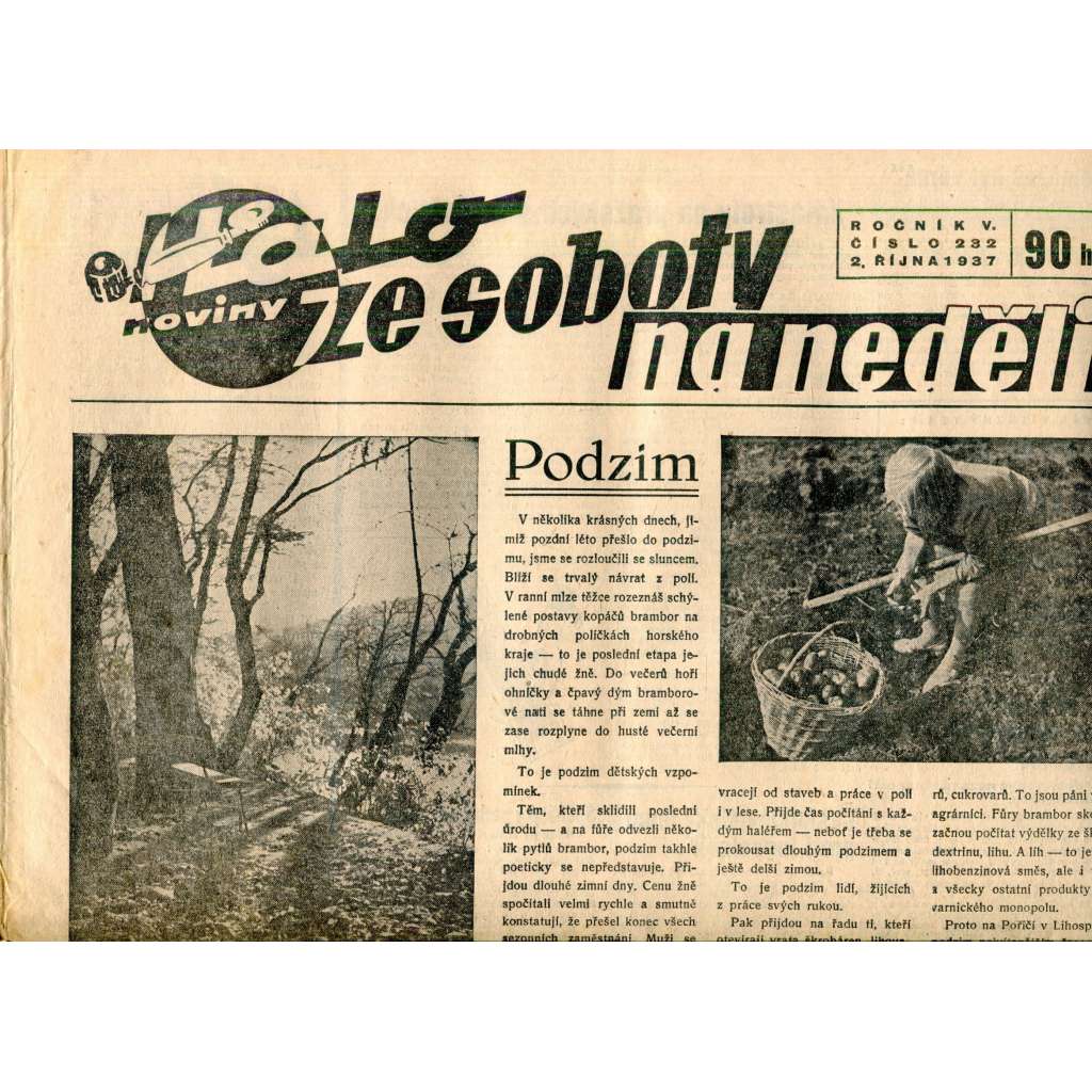 Halo noviny, ze soboty na neděli, ročník V., číslo 232/1937. Reportážní a informační list pro všechny