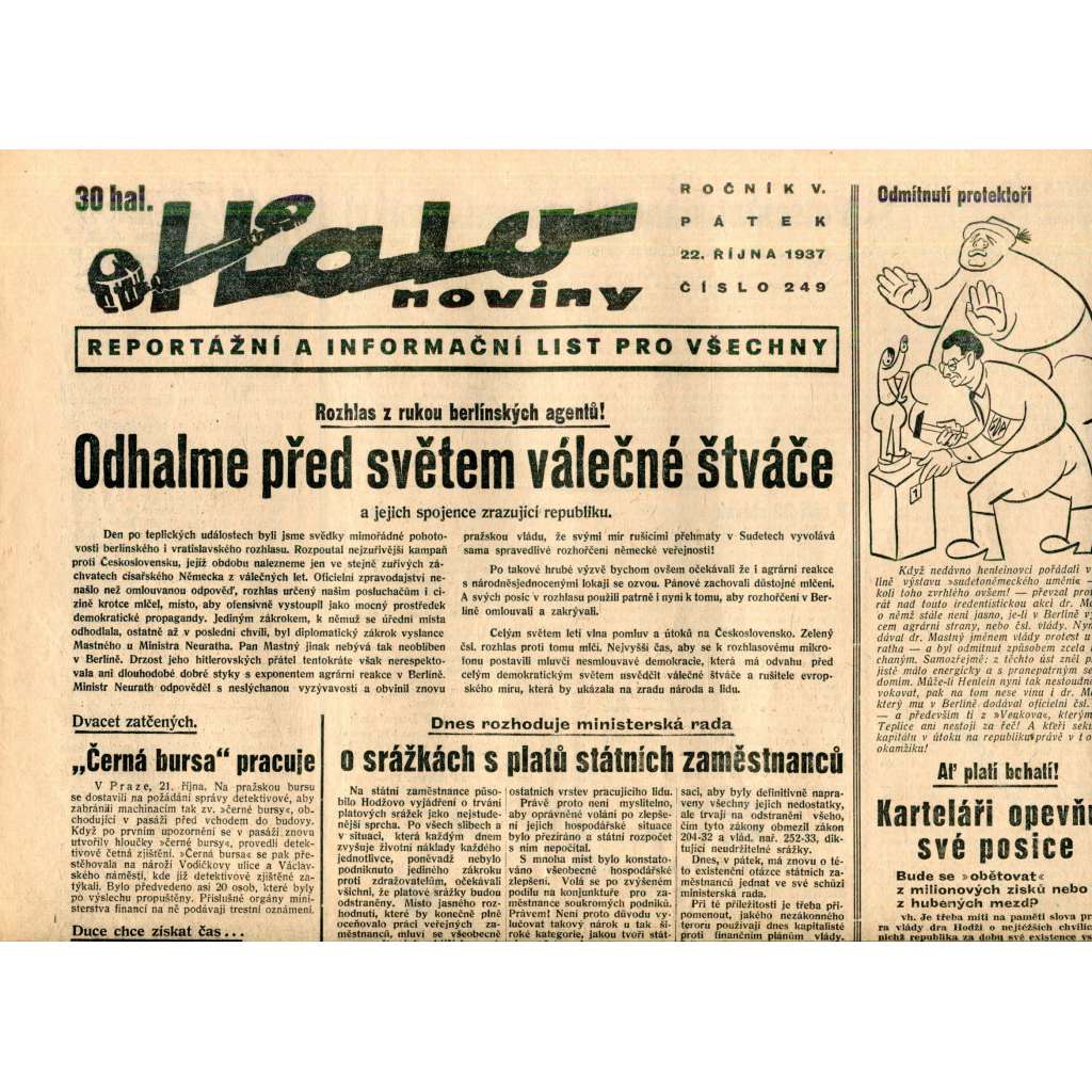 Halo noviny, ročník V., číslo 249/1937. Reportážní a informační list pro všechny