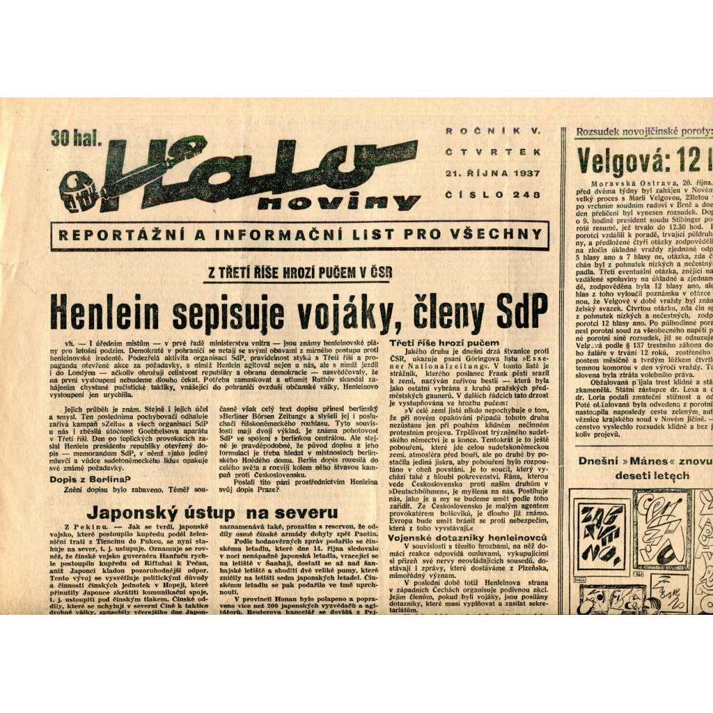 Halo noviny, ročník V., číslo 248/1937. Reportážní a informační list pro všechny