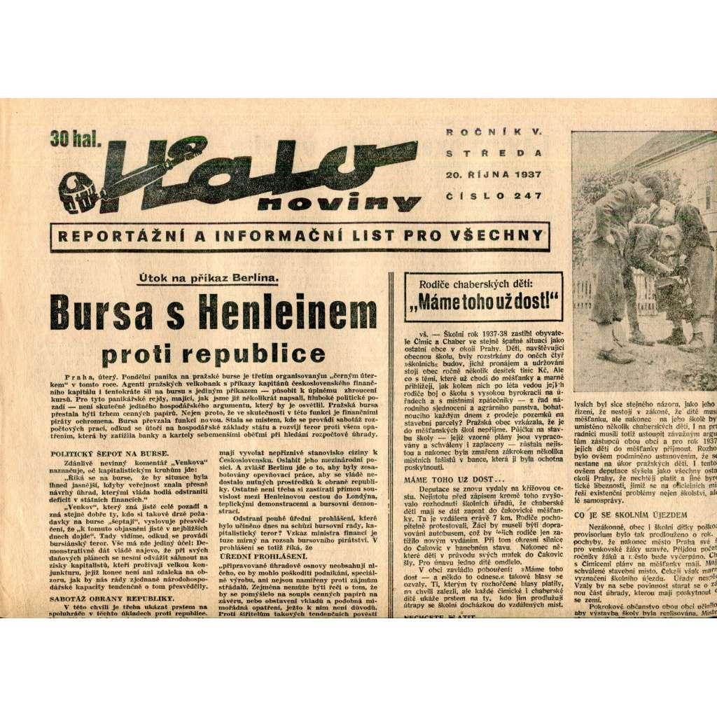 Halo noviny, ročník V., číslo 247/1937. Reportážní a informační list pro všechny