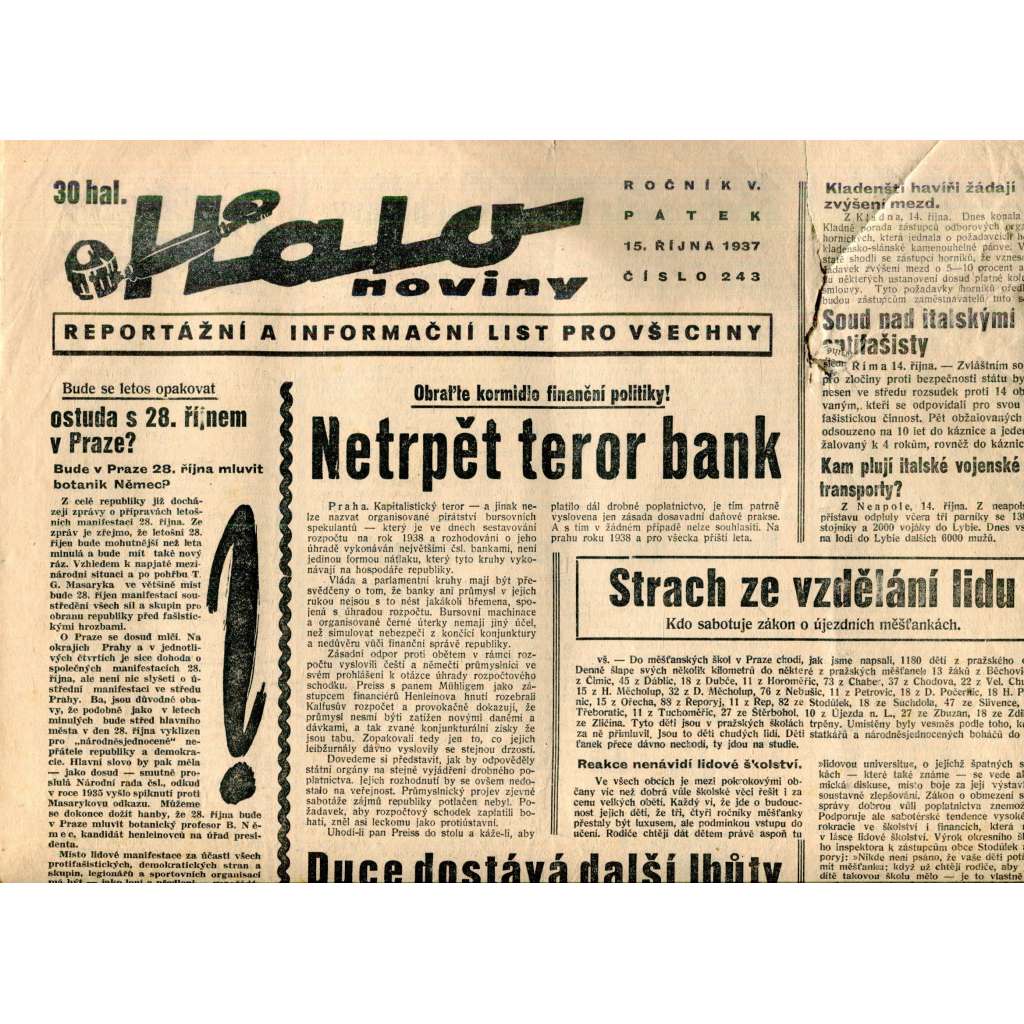 Halo noviny, ročník V., číslo 243/1937. Reportážní a informační list pro všechny (pošk.)