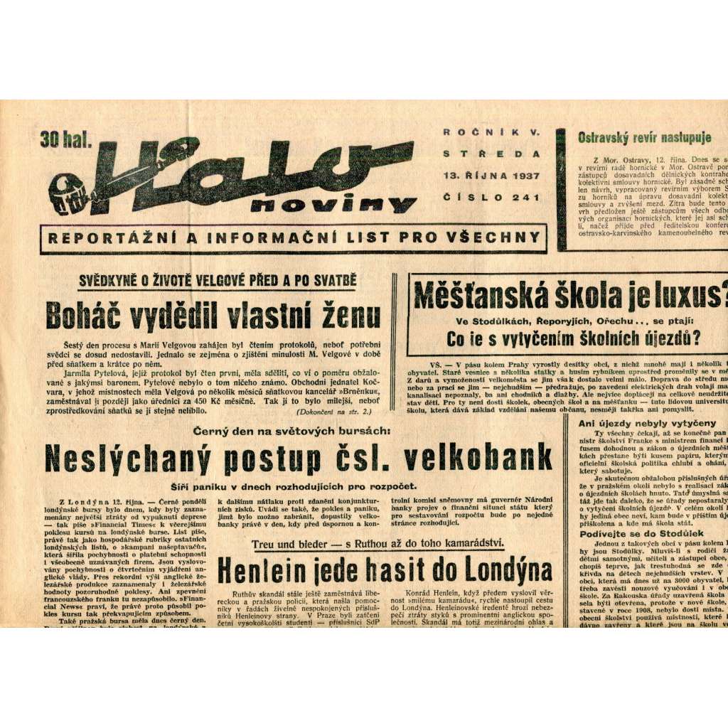 Halo noviny, ročník V., číslo 241/1937. Reportážní a informační list pro všechny