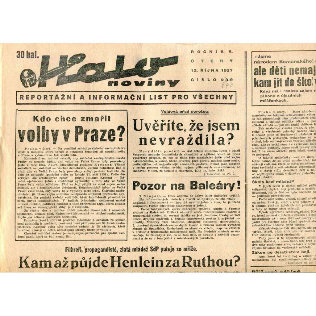 Halo noviny, ročník V., číslo 239(240)/1937. Reportážní a informační list pro všechny