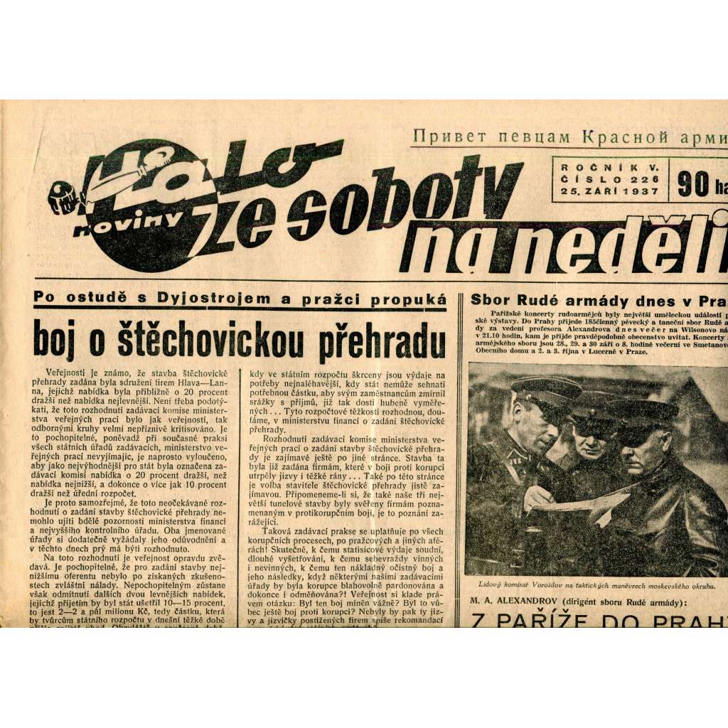 Halo noviny, ze soboty na neděli, ročník V., číslo 226/1937. Reportážní a informační list pro všechny
