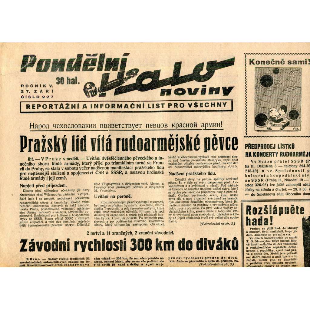 Pondělní Halo noviny, ročník V., číslo 227/1937. Reportážní a informační list pro všechny