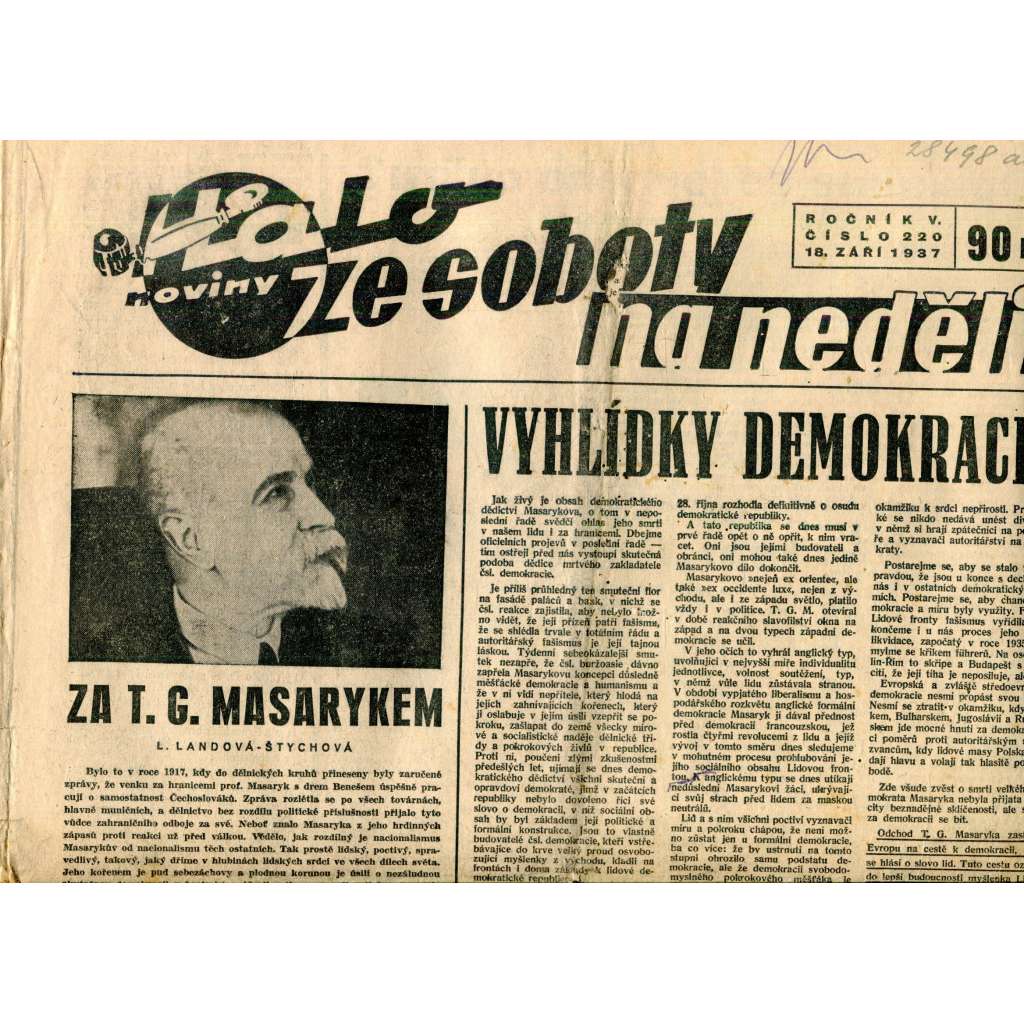 Halo noviny, ze soboty na neděli, ročník V., číslo 220/1937. Reportážní a informační list pro všechny