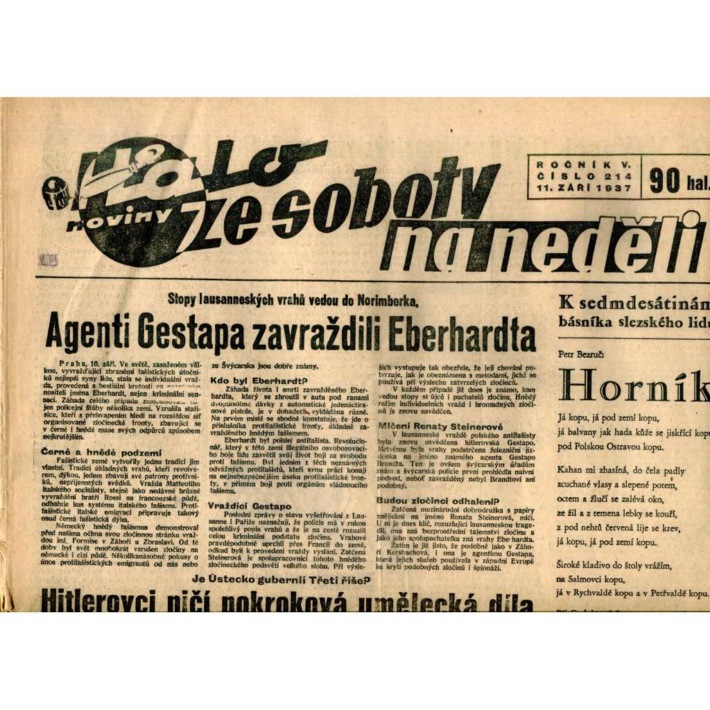 Halo noviny, ze soboty na neděli, ročník V., číslo 214/1937. Reportážní a informační list pro všechny