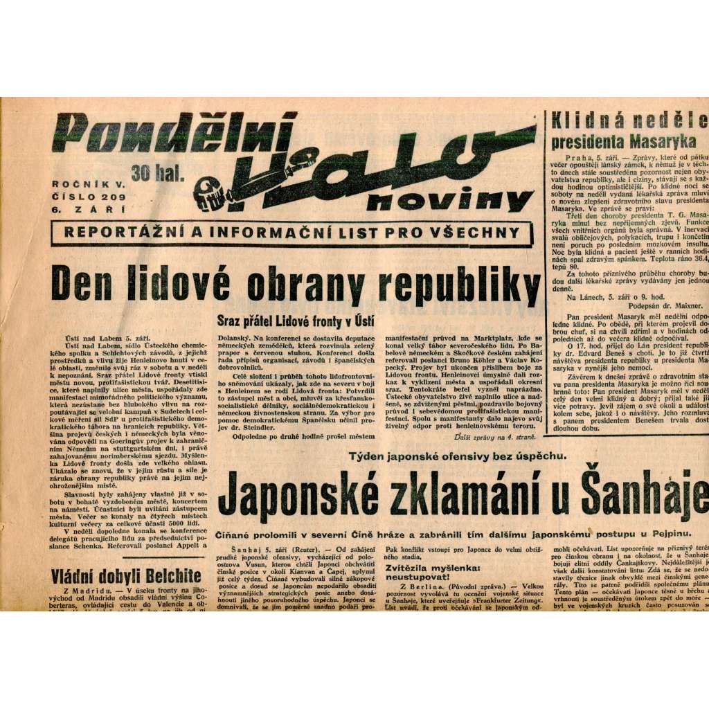 Pondělní Halo noviny, ročník V., číslo 209/1937. Reportážní a informační list pro všechny