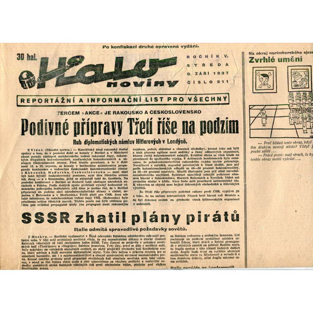 Pondělní Halo noviny, ročník V., číslo 211/1937. Reportážní a informační list pro všechny