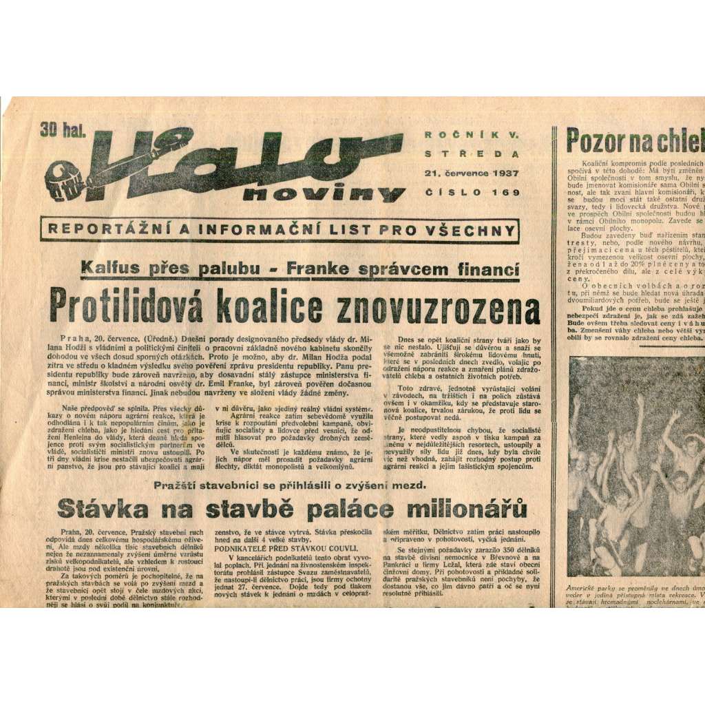 Halo noviny, ročník V., číslo 169/1937. Reportážní a informační list pro všechny