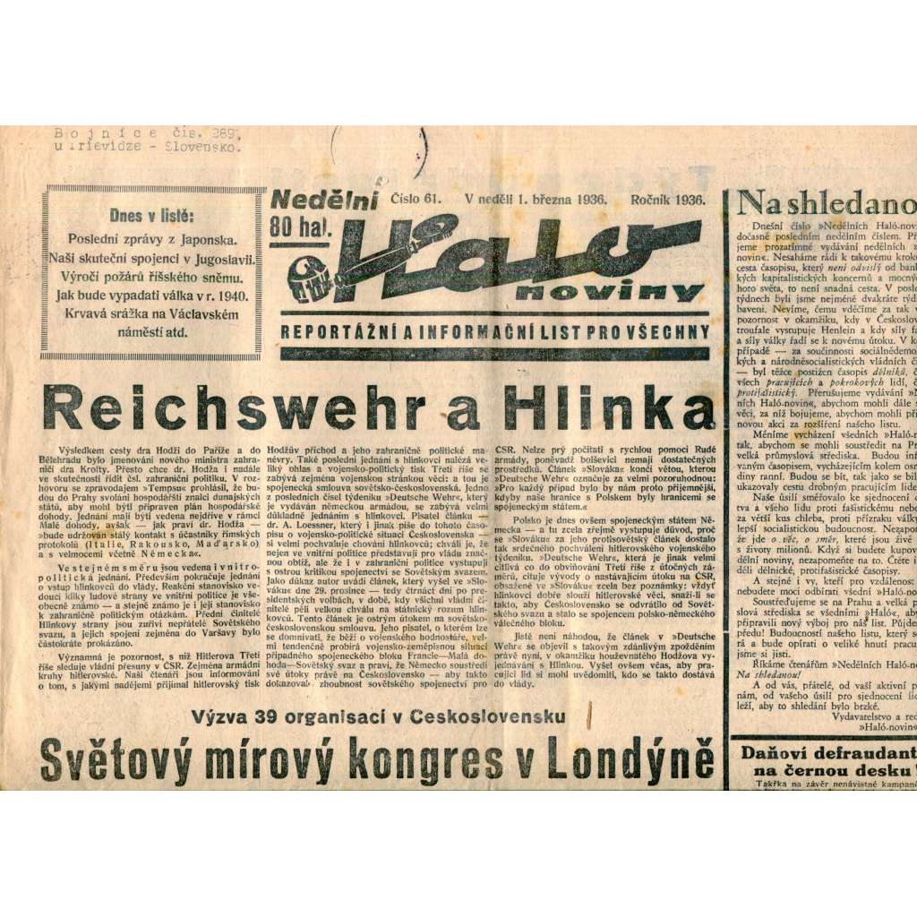 Nedělní Halo noviny, číslo 61/1936. Reportážní a informační list pro všechny