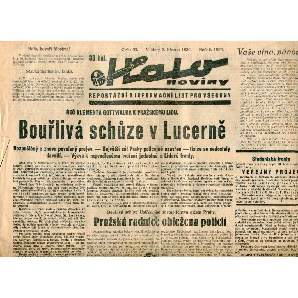Halo noviny, číslo 63/1936. Reportážní a informační list pro všechny
