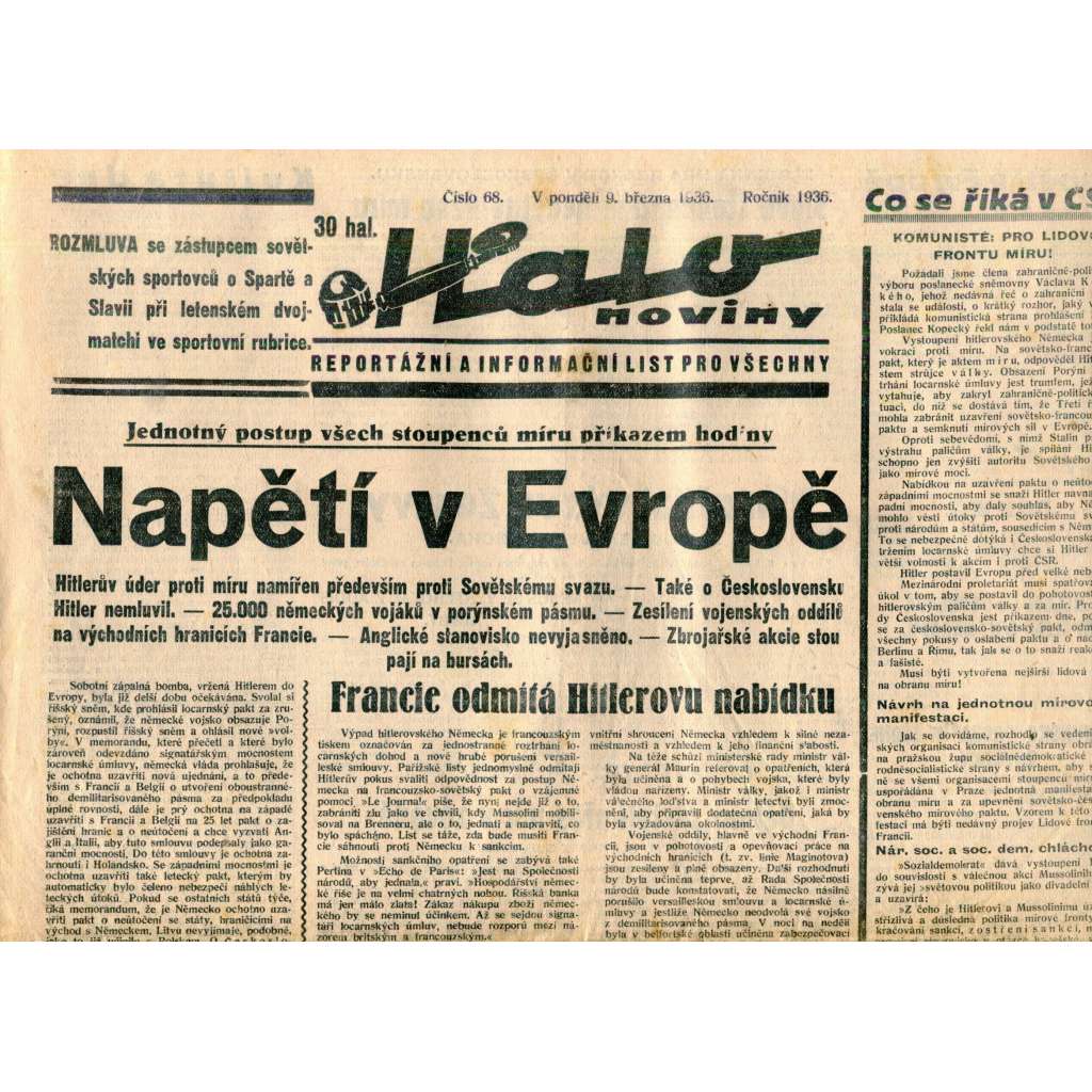 Halo noviny, číslo 68/1936. Reportážní a informační list pro všechny