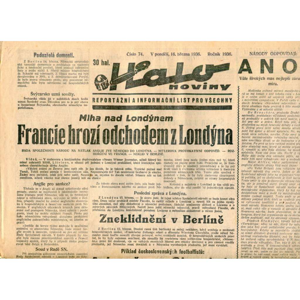 Halo noviny, číslo 74/1936. Reportážní a informační list pro všechny