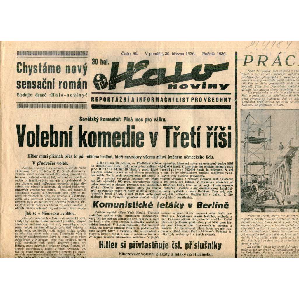 Halo noviny, číslo 86/1936. Reportážní a informační list pro všechny