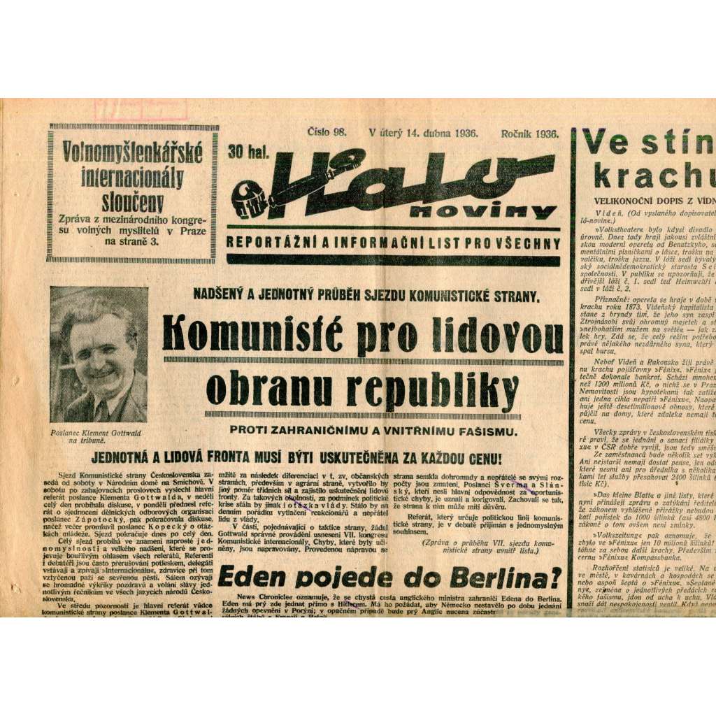 Halo noviny, číslo 98/1936. Reportážní a informační list pro všechny