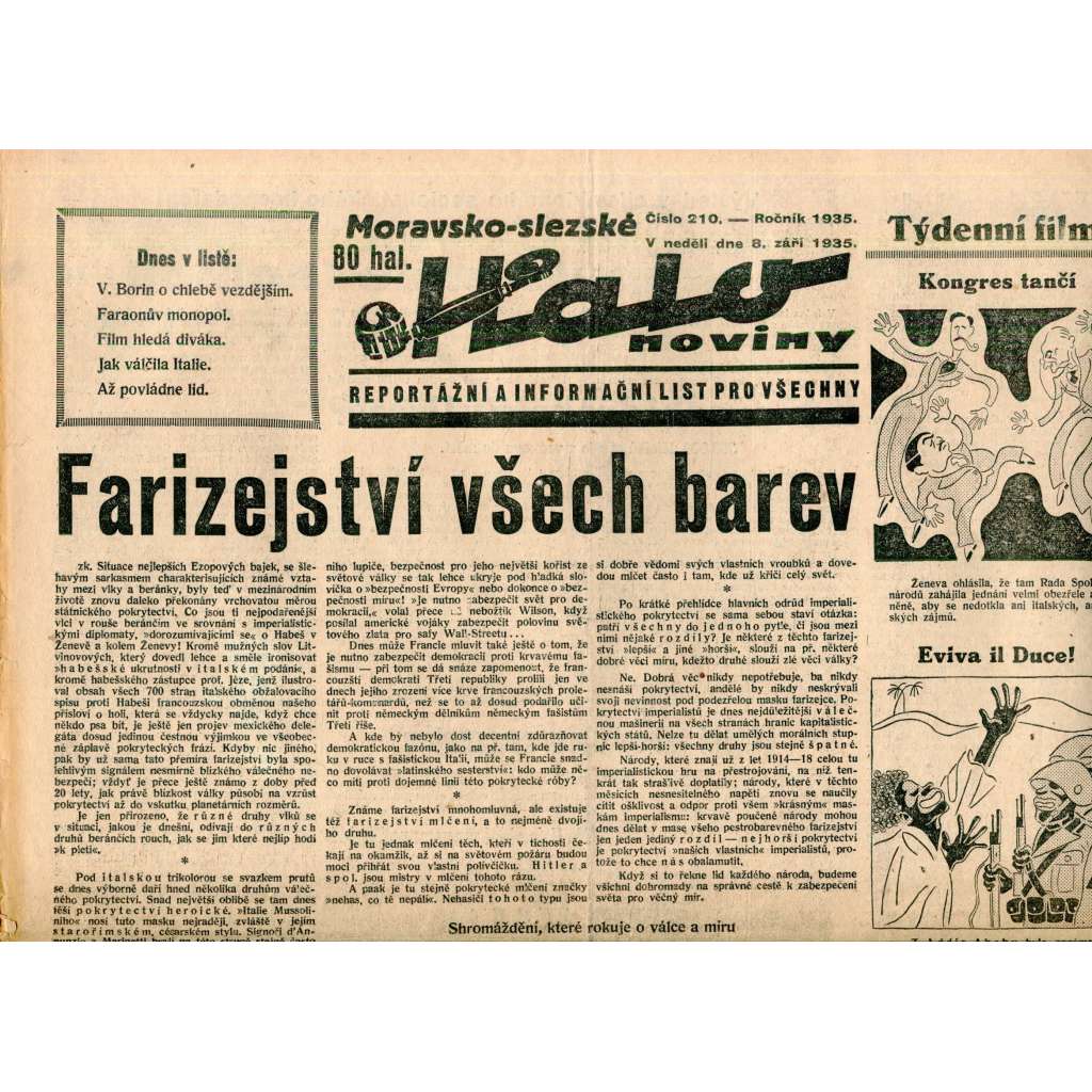 Moravsko-slezské Halo noviny, číslo 210/1935. Reportážní a informační list pro všechny