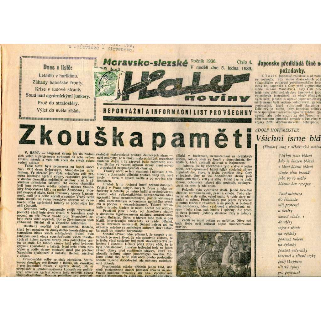Moravsko-slezské Halo noviny, číslo 4/1936. Reportážní a informační list pro všechny