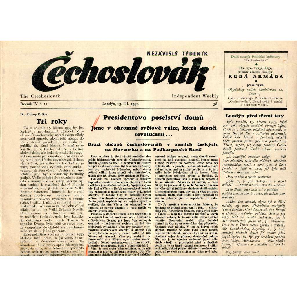Čechoslovák, ročník IV., číslo 11/1942. Nezávislý týdeník (exil - Londýn, noviny)