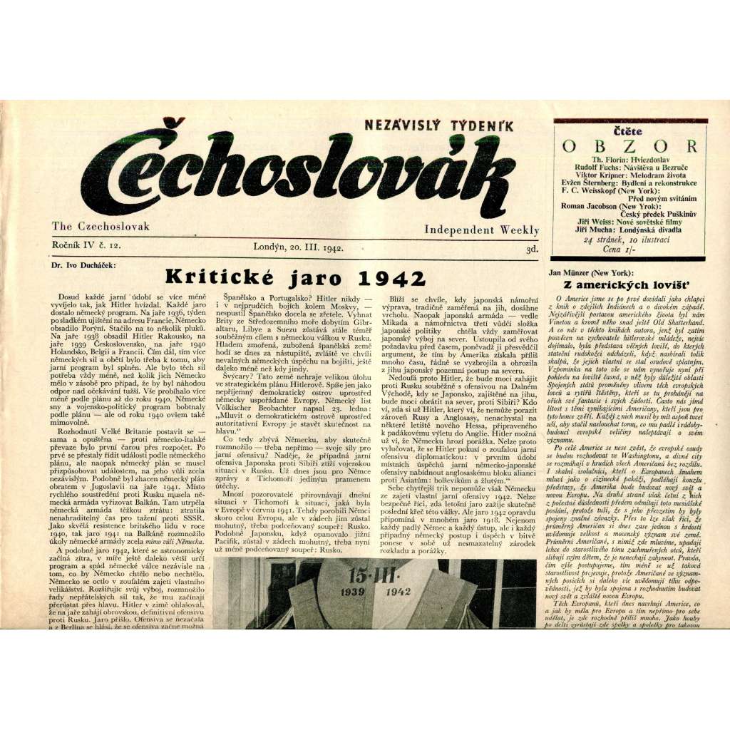 Čechoslovák, ročník IV., číslo 12/1942. Nezávislý týdeník (exil - Londýn, noviny)