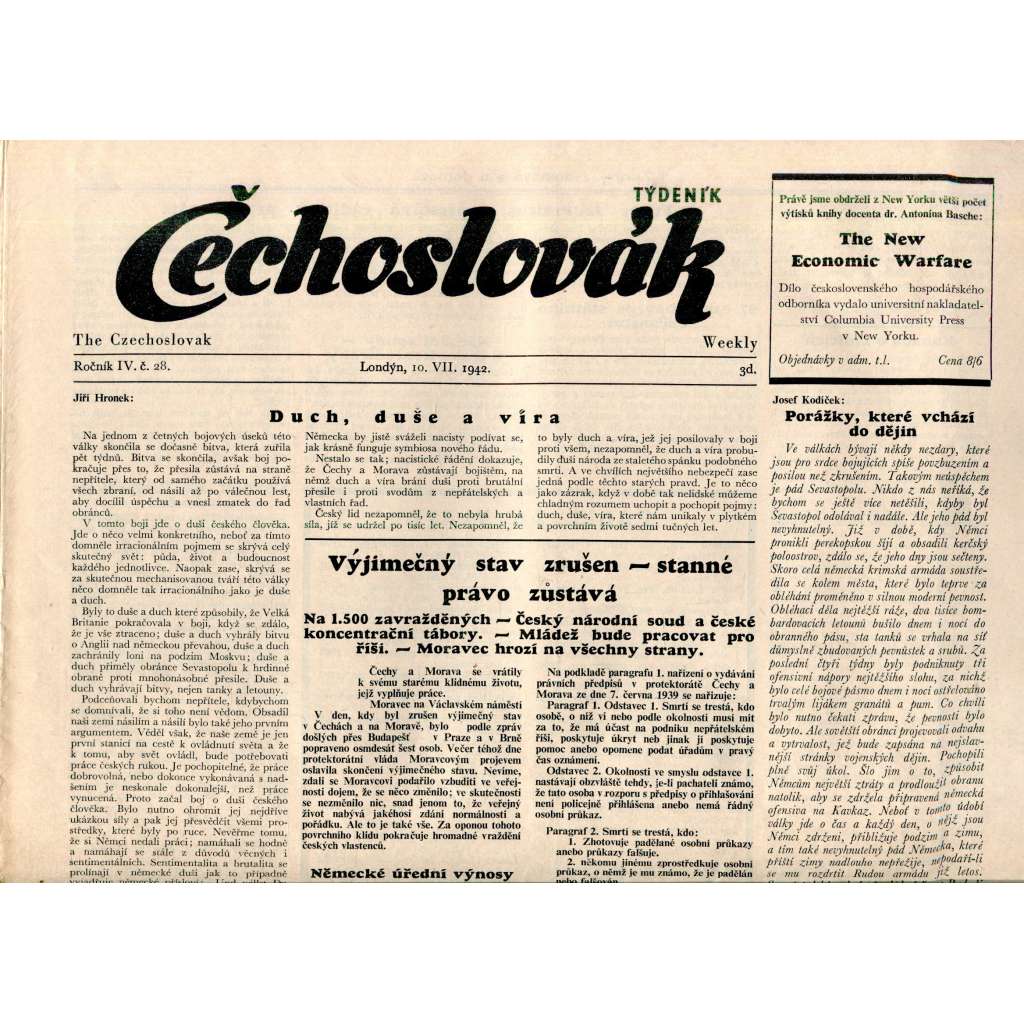 Čechoslovák, ročník IV., číslo 28/1942. Nezávislý týdeník (exil - Londýn, noviny)