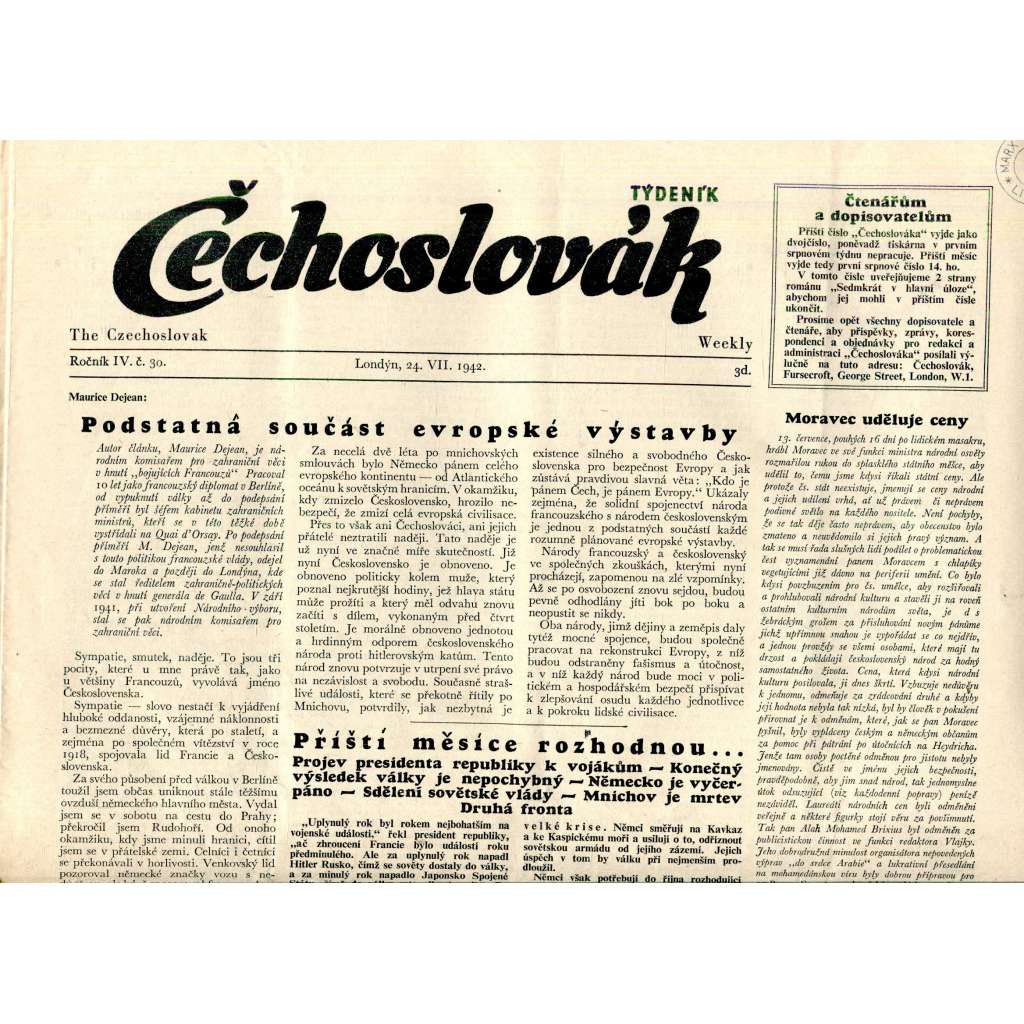 Čechoslovák, ročník IV., číslo 30/1942. Nezávislý týdeník (exil - Londýn, noviny)
