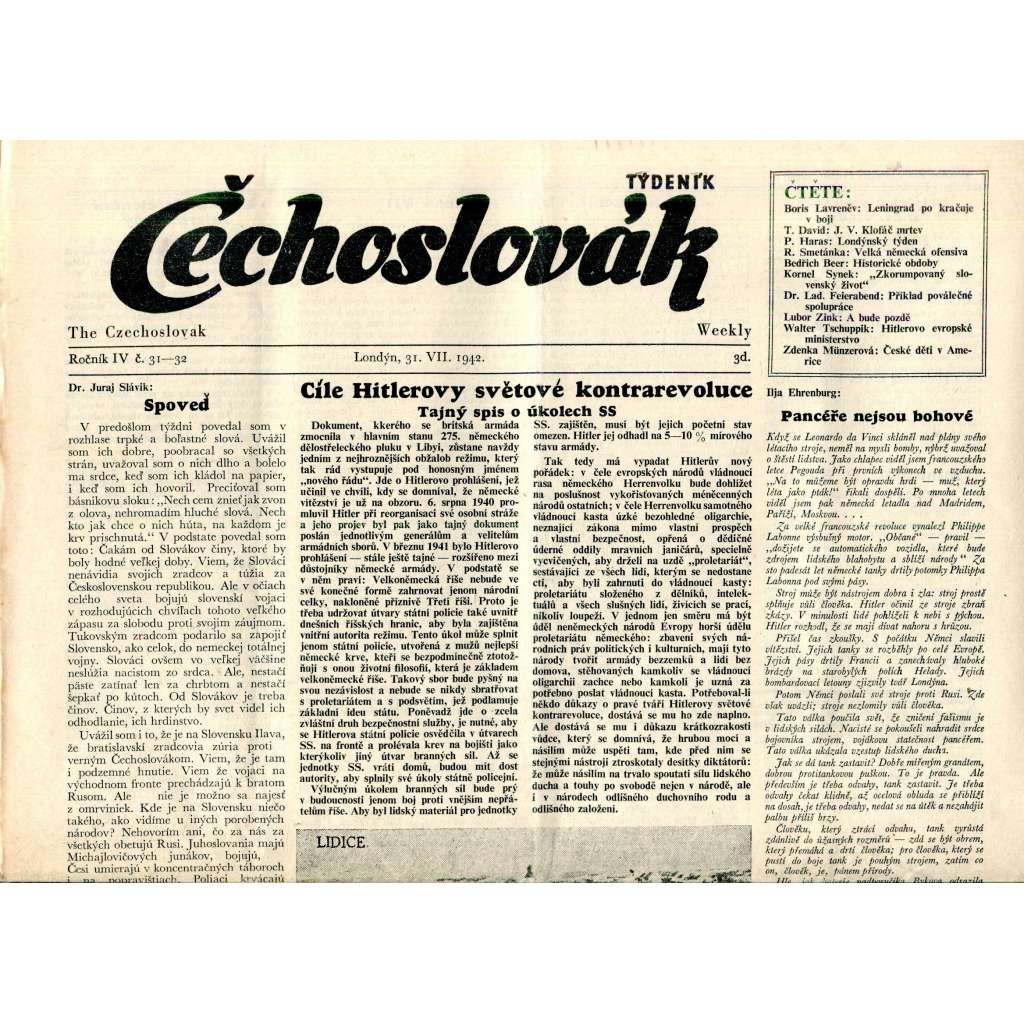 Čechoslovák, ročník IV., číslo 31-32/1942. Nezávislý týdeník (exil - Londýn, noviny)