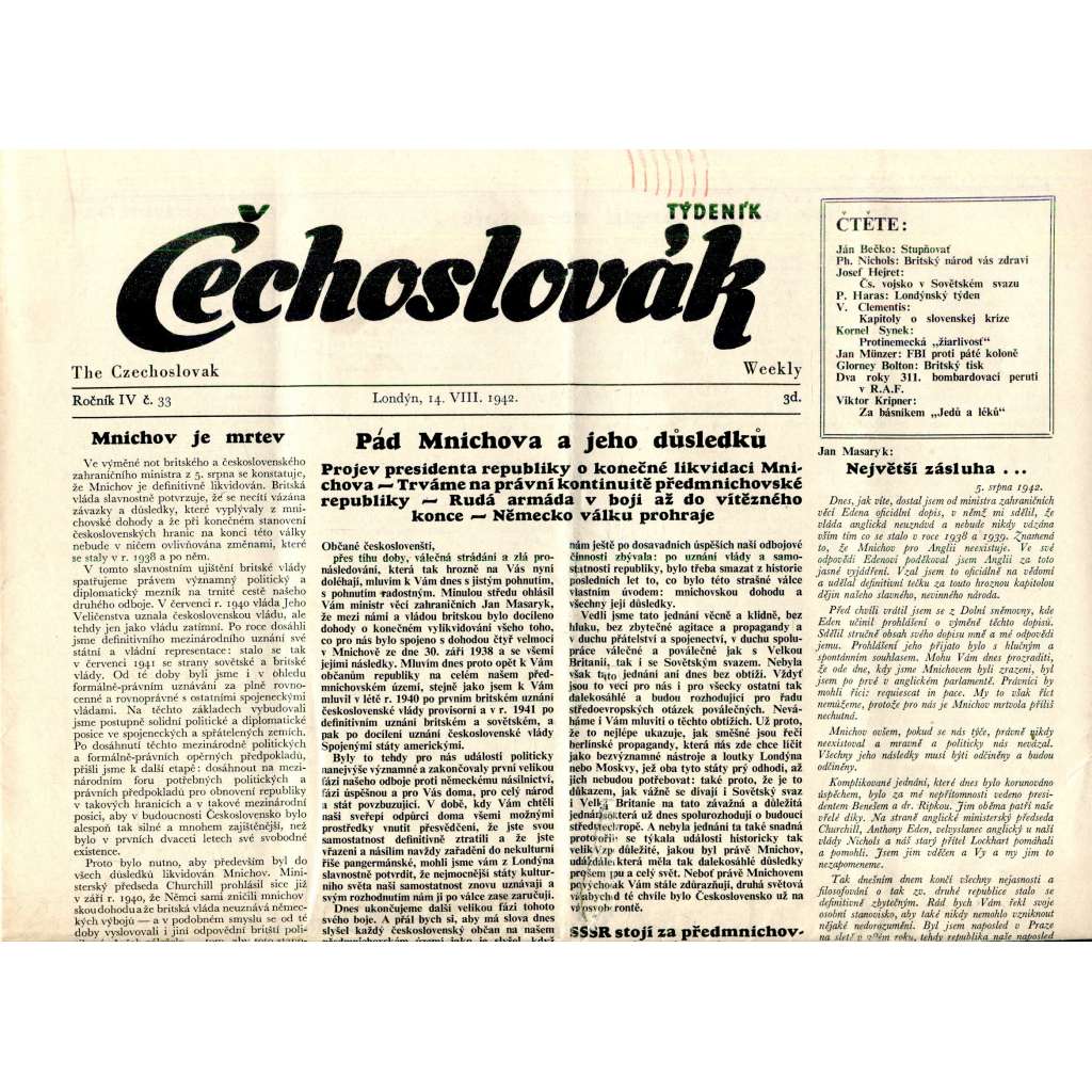 Čechoslovák, ročník IV., číslo 33/1942. Nezávislý týdeník (exil - Londýn, noviny)