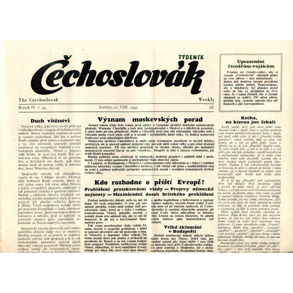 Čechoslovák, ročník IV., číslo 34/1942. Nezávislý týdeník (exil - Londýn, noviny)