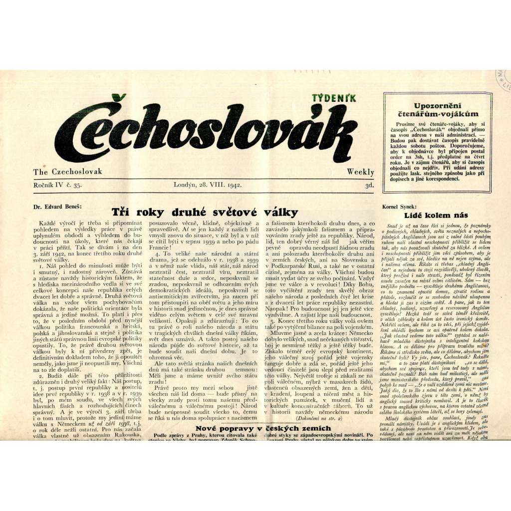 Čechoslovák, ročník IV., číslo 35/1942. Nezávislý týdeník (exil - Londýn, noviny)