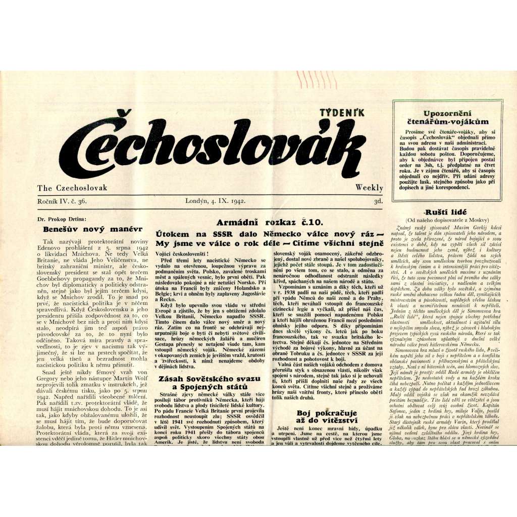 Čechoslovák, ročník IV., číslo 36/1942. Nezávislý týdeník (exil - Londýn, noviny)
