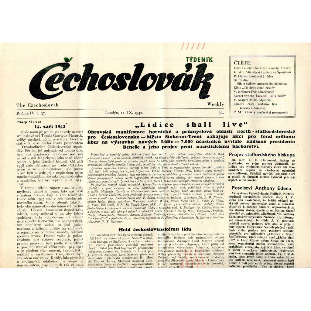 Čechoslovák, ročník IV., číslo 37/1942. Nezávislý týdeník (exil - Londýn, noviny)