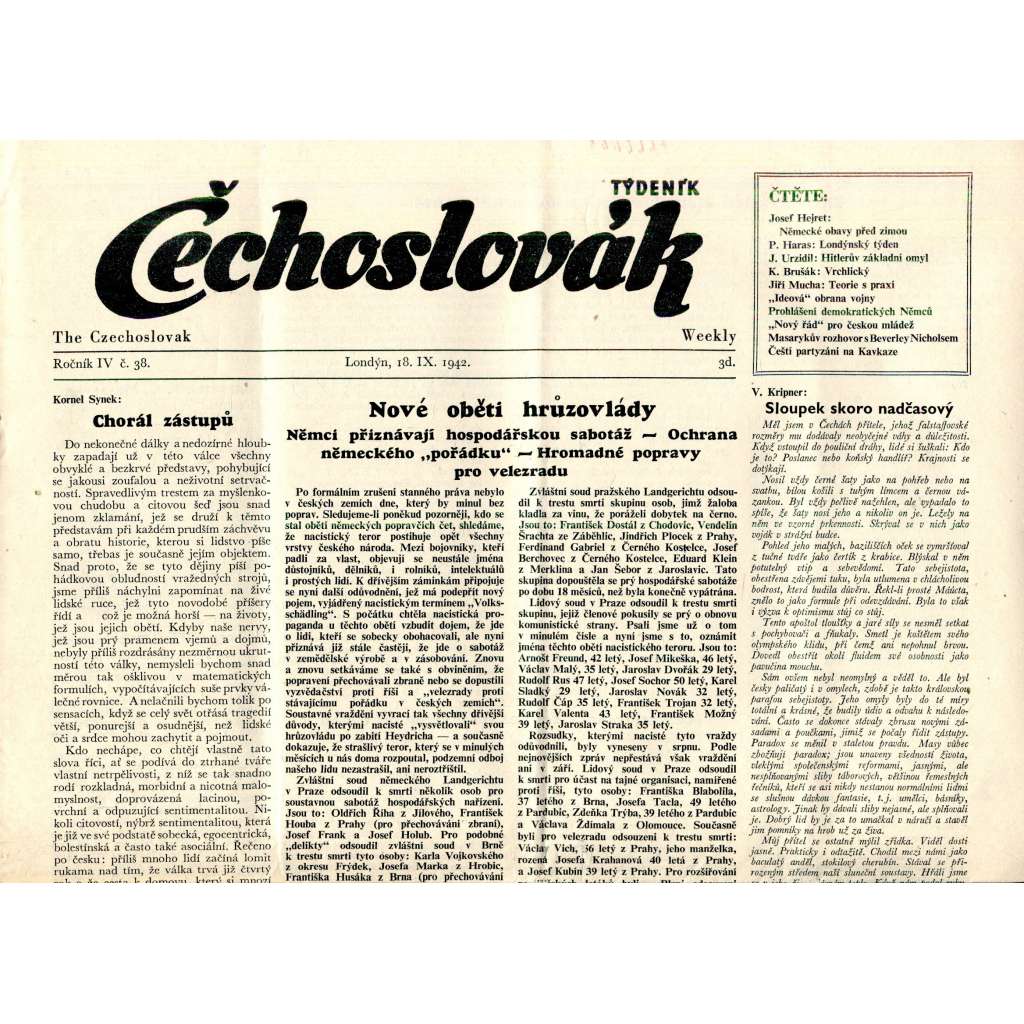 Čechoslovák, ročník IV., číslo 38/1942. Nezávislý týdeník (exil - Londýn, noviny)