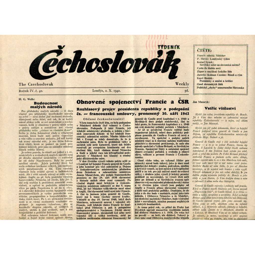 Čechoslovák, ročník IV., číslo 40/1942. Nezávislý týdeník (exil - Londýn, noviny)