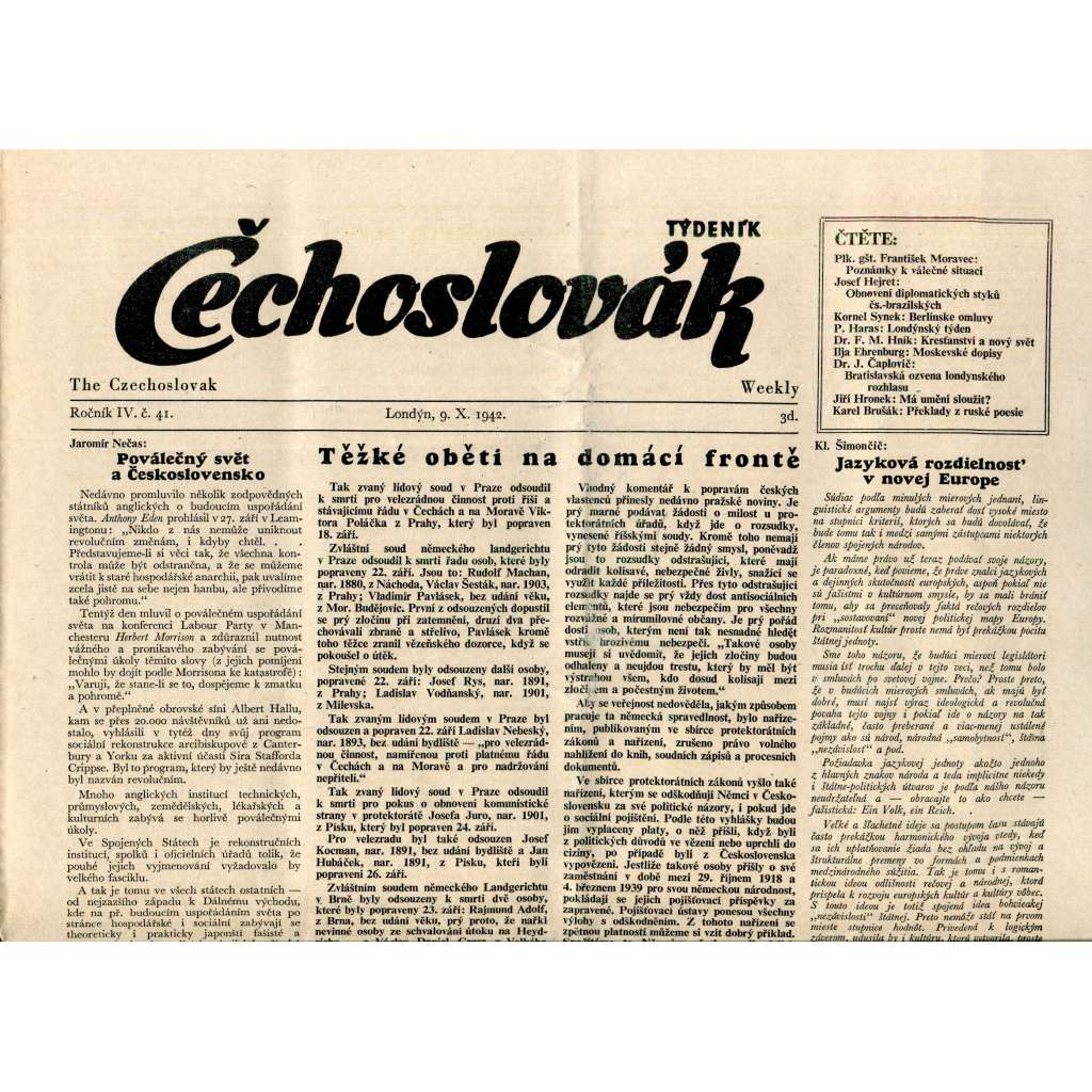 Čechoslovák, ročník IV., číslo 41/1942. Nezávislý týdeník (exil - Londýn, noviny)