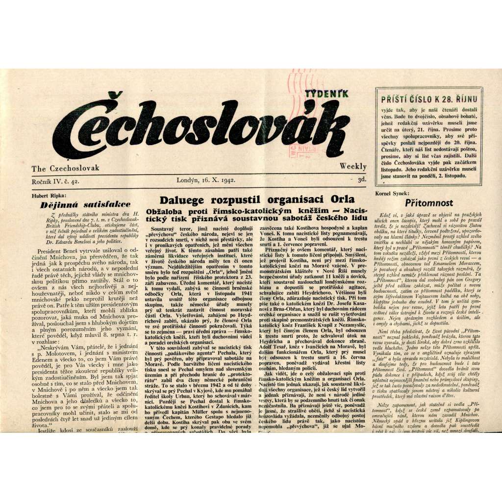 Čechoslovák, ročník IV., číslo 42/1942. Nezávislý týdeník (exil - Londýn, noviny)
