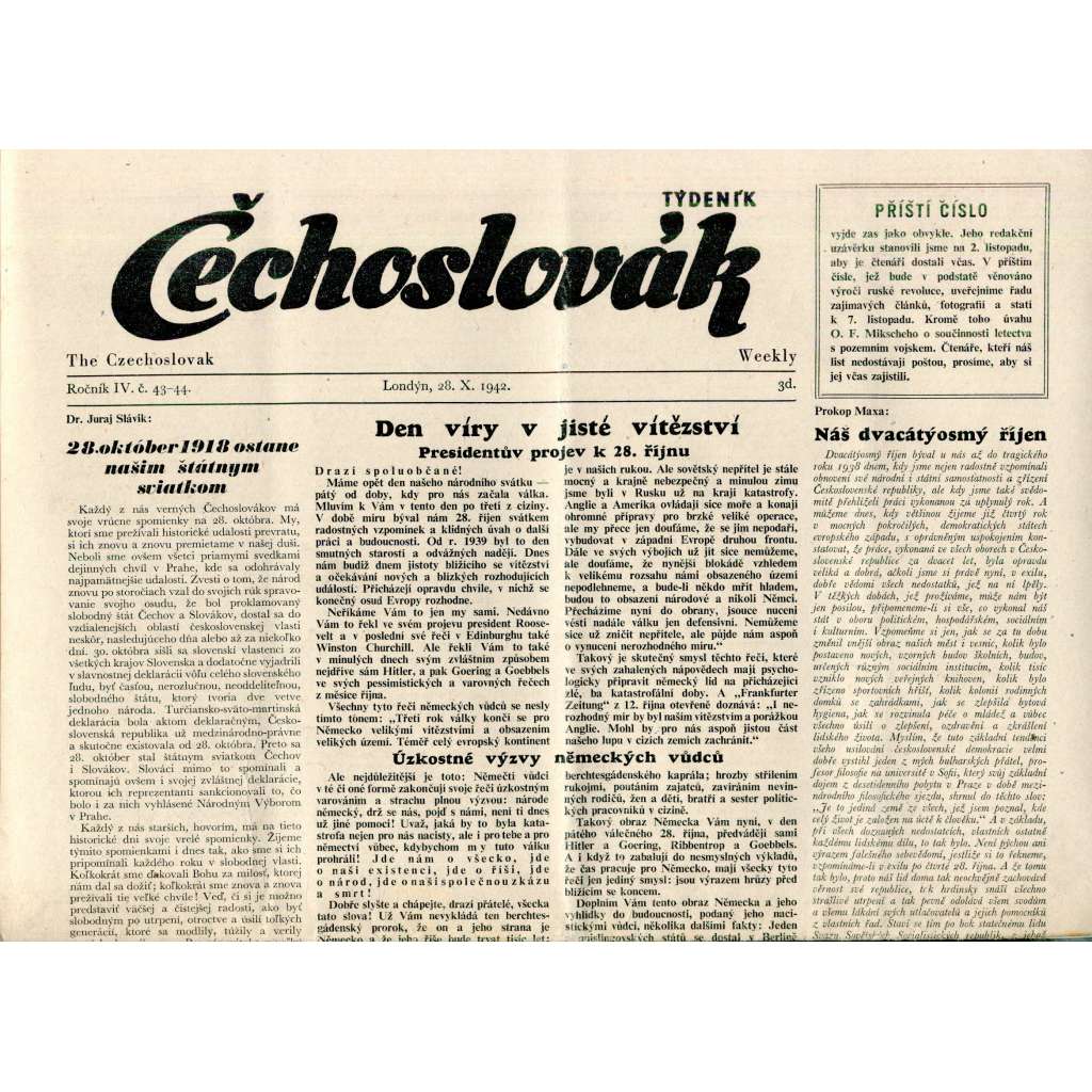 Čechoslovák, ročník IV., číslo 43-44/1942. Nezávislý týdeník (exil - Londýn, noviny)